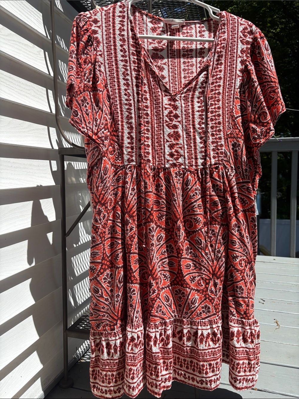 Knox Rose Red Orange White Floral V-Neck Boho Tunic Dress